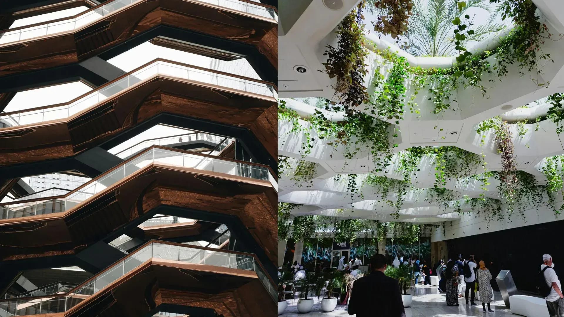 Biophilic architecture with natural elements and a non-biophilic built environment.
